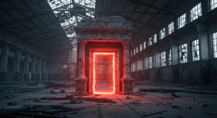 Glowing red portal in abandoned hall. Digital doorway in futuristic warehouse. Fantasy dimension concept for gaming and vr.