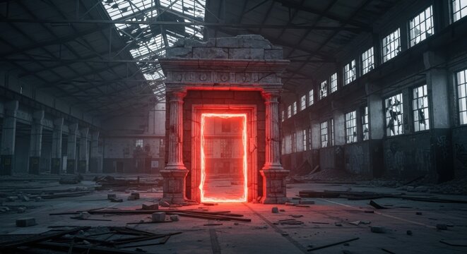 Glowing red portal in abandoned hall. Digital doorway in futuristic warehouse. Fantasy dimension concept for gaming and vr.