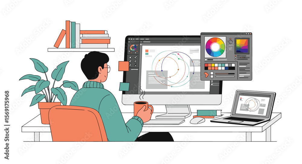 Fototapete a creative designer works on a complex graphic design project at their desk with a computer and lapt