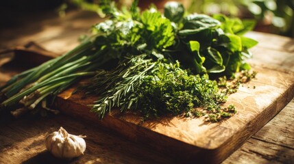Fresh herbs and leafy greens spread over a wooden cutting board, natural sunlight casting warm tones and farm-fresh atmosphere