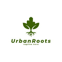 A minimalist logo combining a green city building and plant leaves with roots, symbolizing harmony between urban development and nature. Ideal for eco-friendly brands, sustainability projects, urban f