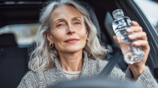 Elderly woman with grey hair smiles peacefully while holding a water bottle inside a car, seen through the windshield, highlighting potential distraction while driving.