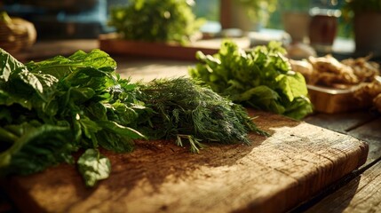 Fresh herbs and leafy greens spread over a wooden cutting board, natural sunlight casting warm tones and farm-fresh atmosphere