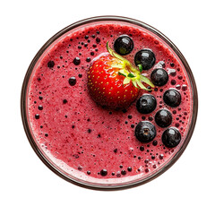 
a glass with a strawberries and black berry flavoured smoothie.top view
