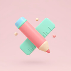 Pink pencil and ruler illustration on pink background