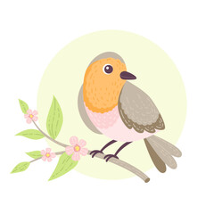 Cute robin bird sitting on a tree branch. Vector illustration in flat style