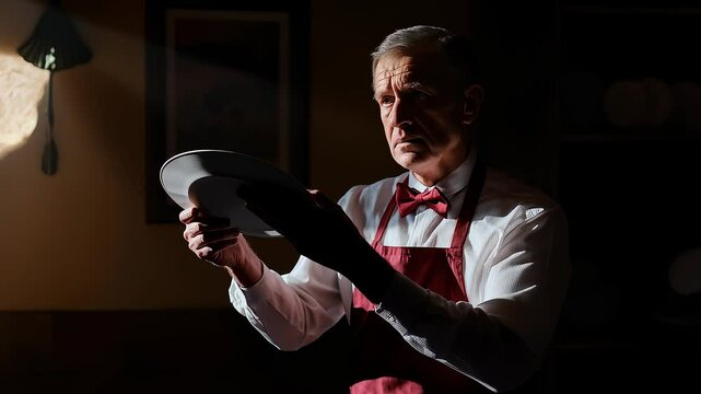 Waiter Focuses on Inspecting Food on Plate