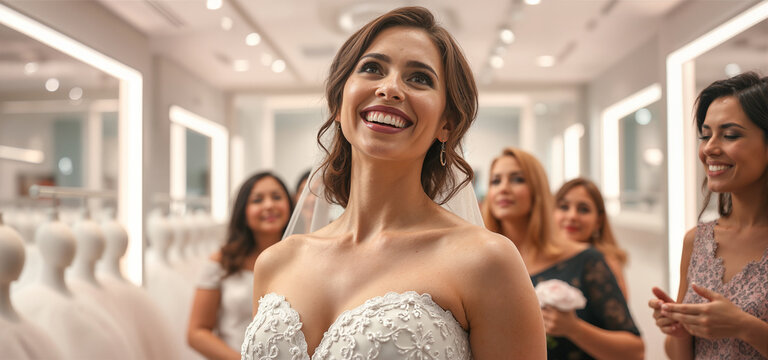 Beautiful bride trying on wedding dress with bridesmaids and family in bridal boutique store during dress fitting appointment - Powered by Adobe