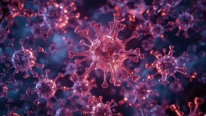 Close-up of red coronavirus particles floating in blue background, viral infection concept, healthcare image for medical research, pandemic awareness, scientific illustration, disease prevention, mic