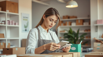 Young female small business owner using smartphone in modern warehouse office managing online store inventory and shipping operations