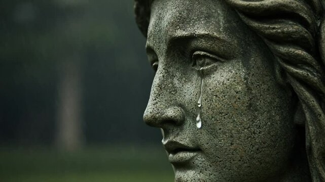 Emotional statue weeping in a rainy garden setting