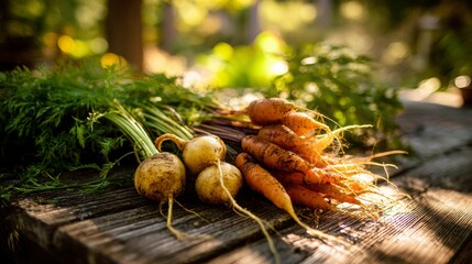 Freshly harvested carrots and golden beets resting on a rustic wooden table, sunlight filtering through trees to create dappled light effects