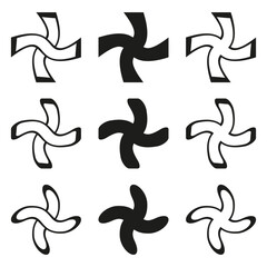 Abstract propeller shapes. Dynamic swirling elements. Curved geometric patterns. Vector unique forms.