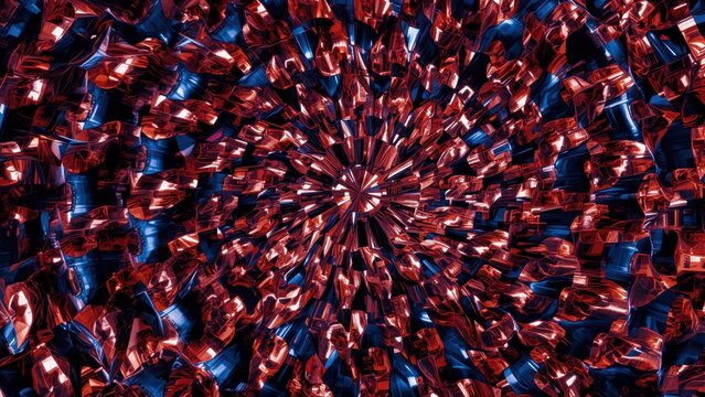 Close-up pattern of red and blue metallic confetti spiraling in a festive design, perfect for celebration backgrounds, party invitations, holiday events, vibrant colors, and dynamic texture imagery