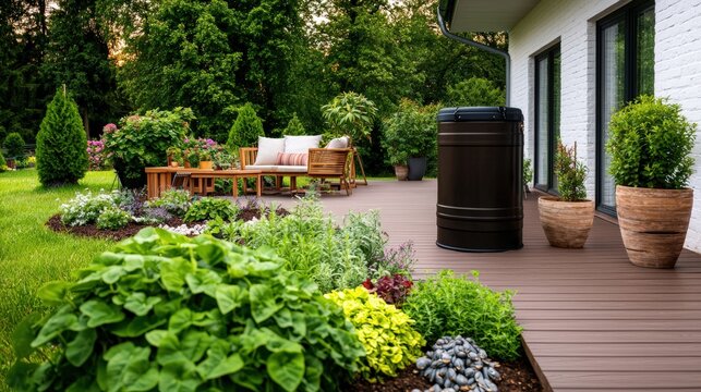 Serene outdoor space with a rainwater collection system for gardening: A tranquil backyard featuring a modern rainwater harvesting system, lush green plants, and a wooden deck with sustainable