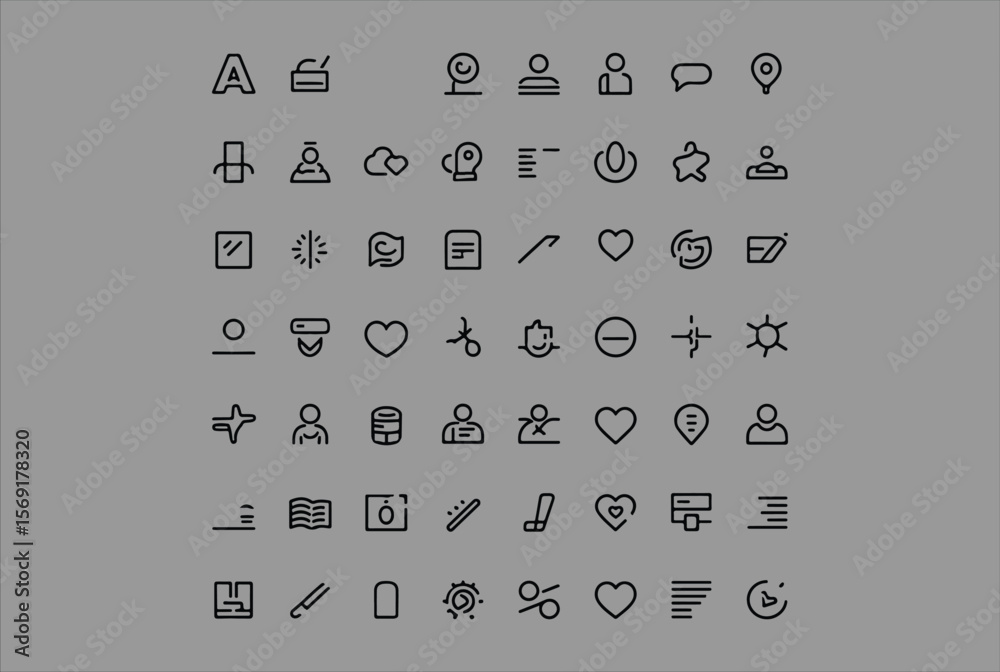 Poster a collection of diverse simple and modern line art icons representing various concepts like communic