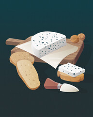 Tasty blue cheese (roquefort) with bread on brown table