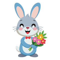 Obraz premium A cute bunny with a big smile is holding a flower bouquet, a symbol of spring, happiness, and a thoughtful gesture.