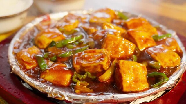 Traditional Chinese tofu stew in spicy red sauce with green peppers&mdash;rich flavor, rustic plating, and savory texture ideal for culinary or cultural visuals.