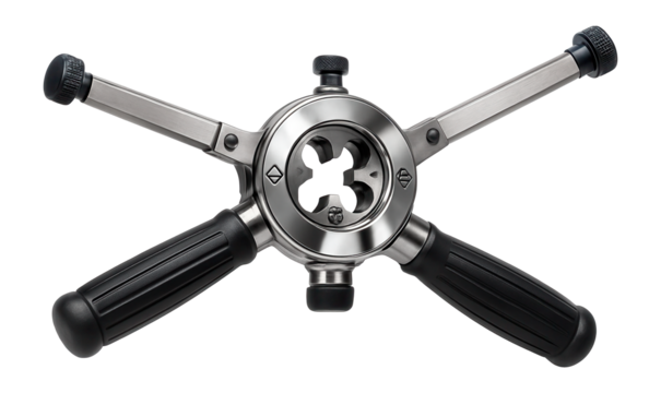 Threading die set with adjustable guide arms for threading thick metal pipes in an industrial plumbing workshop