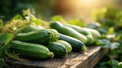 Freshly harvested green zucchini and cucumbers laid out on a wooden table outdoors, glowing under soft natural sunlight in a farm setting