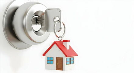 A house key with a miniature house keychain inserted into a door lock.  Symbolic of homeownership, real estate, and new beginnings.