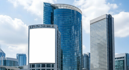 A large blank billboard dominates the image, positioned between two modern skyscrapers against a partly cloudy sky.  Offers prime advertising real estate in a bustling urban setting.