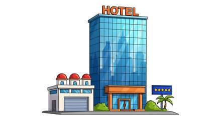 A vibrant illustration depicts a five-star hotel, complete with a sleek modern high-rise and a charming smaller building. Lush greenery and a palm tree add a touch of tropical elegance.