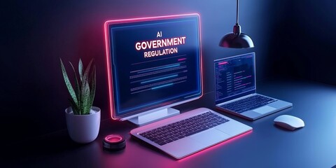 AI government  regulation  law concept. Modern workspace with computers and a plant.