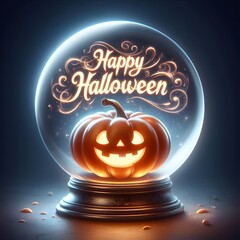 An illustration of a cute jack-o'-lantern in a mystical crystal ball. Inside the swirling, magical mist of the crystal ball, the words "Happy Halloween" are materializing in a glowing font.