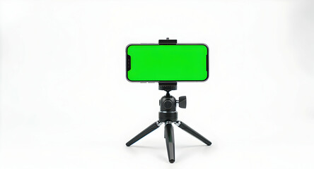 A smartphone with a vibrant green screen is securely mounted on a small, portable tripod against a stark white backdrop.  Ideal for video production or chroma keying.