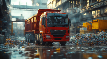 Red recycling truck in industrial plant yard full of plastic waste for eco-friendly processing.