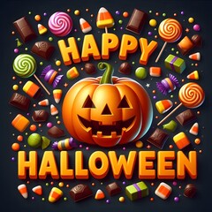 An illustration of a cheerful jack-o'-lantern surrounded by magically floating Halloween candy. A group of these colorful candies has cleverly arranged itself to spell out "Happy Halloween"