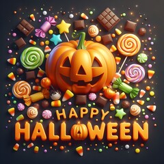 An illustration of a cheerful jack-o'-lantern surrounded by magically floating Halloween candy. A group of these colorful candies has cleverly arranged itself to spell out "Happy Halloween"
