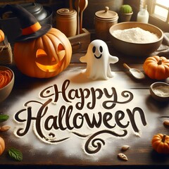 An illustration set in a cozy witch's kitchen, with a friendly jack-o'-lantern sitting on a wooden tabletop. Written a sweeping, magical cursive font, are the words "Happy Halloween"