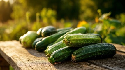 Freshly harvested green zucchini and cucumbers laid out on a wooden table outdoors, glowing under soft natural sunlight in a farm setting