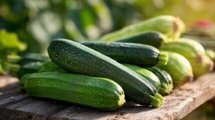 Freshly harvested green zucchini and cucumbers laid out on a wooden table outdoors, glowing under soft natural sunlight in a farm setting