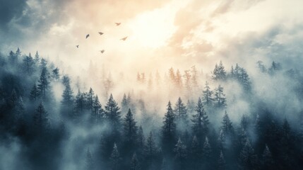 Misty mountain forest at sunrise. Birds soar above