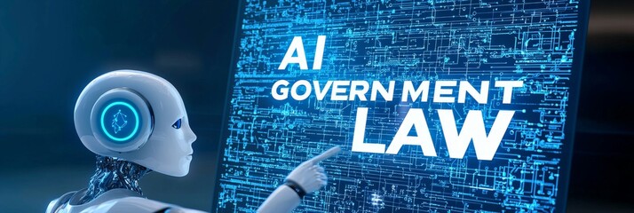 AI government  regulation  law concept. AI robot interacting with digital law concepts.