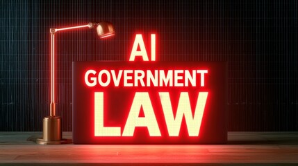 AI government  regulation  law concept. Illuminated sign featuring AI, government, and law terms.