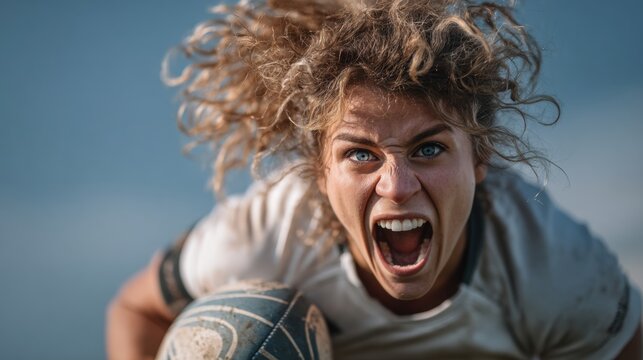 Intense female rugby player showing determination during game with dynamic expression