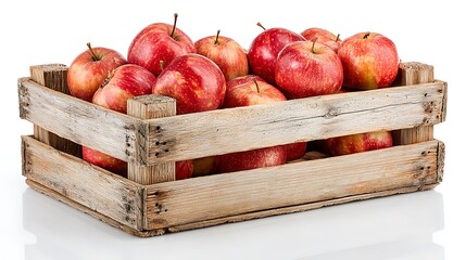 A wooden crate filled with freshly picked red and green apples on a clean white floor, showing fresh fruit harvest, natural produce, healthy eating, and seasonal abundance.