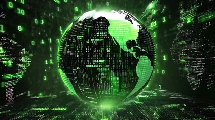 A visualization of a digital globe with green binary code and data streams emphasizing global connectivity and technology in a futuristic setting - Powered by Adobe