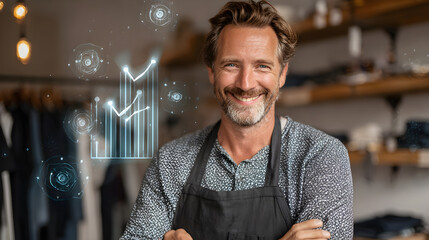 Portrait of a smiling man in an apron with digital graphs overlayed in a retail environment setting