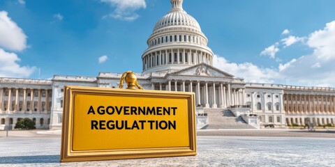 AI government  regulation  law concept. Government regulation sign in front of a historic building.