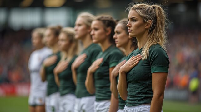 Female soccer team standing in line with hands on hearts during national anthem ceremony