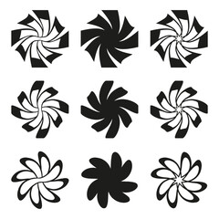 Swirling geometric shapes. Abstract flower icons. Dynamic circular patterns. Vector modern symbols.