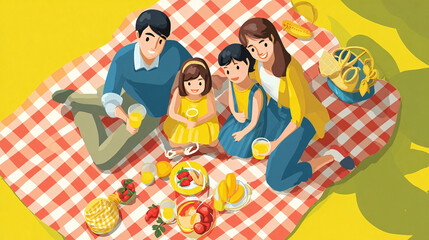 A happy family enjoys a picnic together on a red checkered blanket in a sunny outdoor environment today.