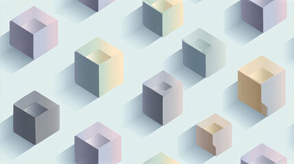 Obraz premium Isometric colorful 3D cubes create an abstract geometric pattern on a pastel light blue background image.
