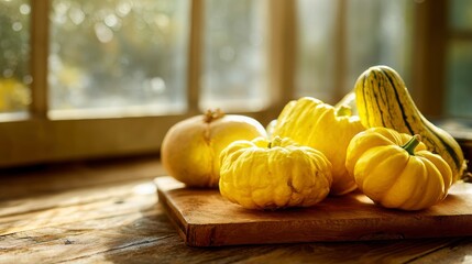 Golden beets and bright yellow pattypan squash displayed on a wooden cutting board with sunlight filtering through farm windows, creating a warm, natural atmosphere